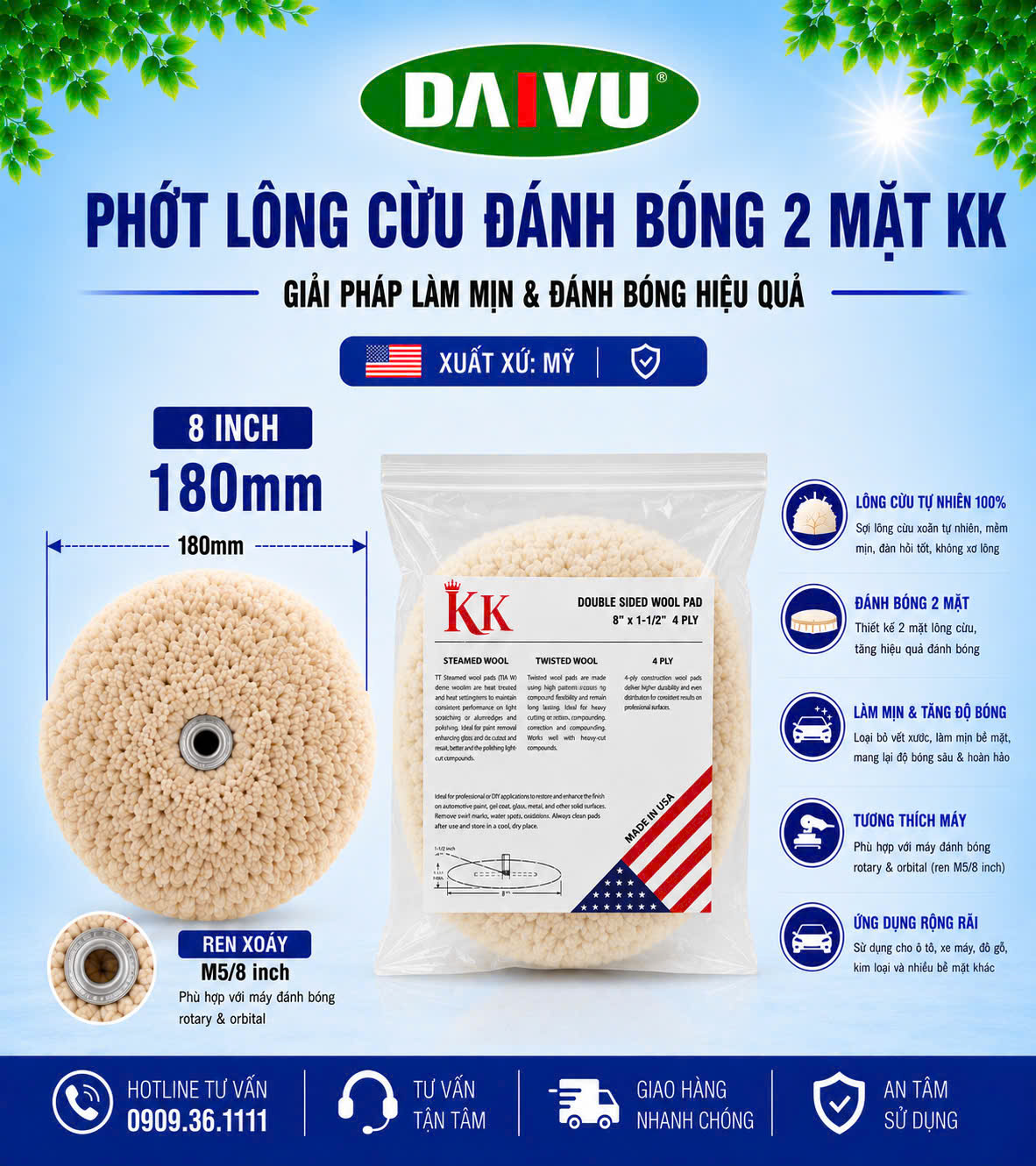 Phớt lông cừu 2 mặt KK-Mỹ 